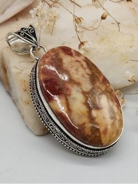 Silver 925 Pendant Oval Natural Jasper Stone Pendant Necklace Vintage
